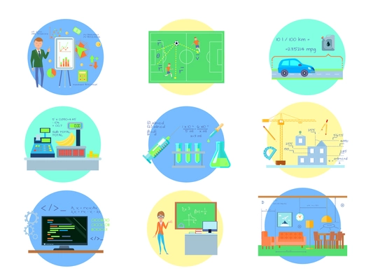 Eight round mathematics compositions set with using maths in different industries and real life with people vector illustration