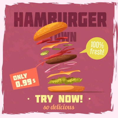 Fresh hamburger ingredients poster with price and speech bubble on textured purple background vector illustration