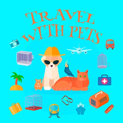 Travel pets background composition with cartoon animals tourist personal things text and different types of transport vector illustration