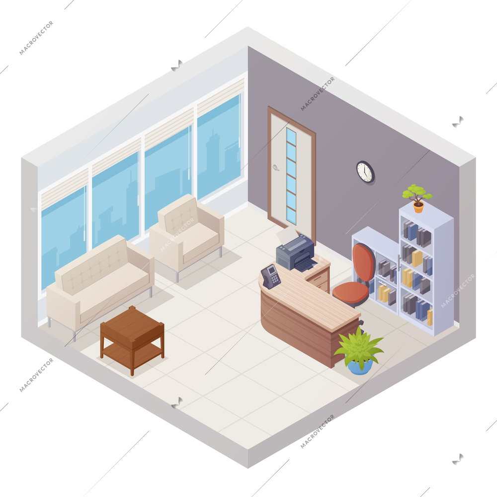 Isometric office reception interior with desk and chairs for visitors vector illustration