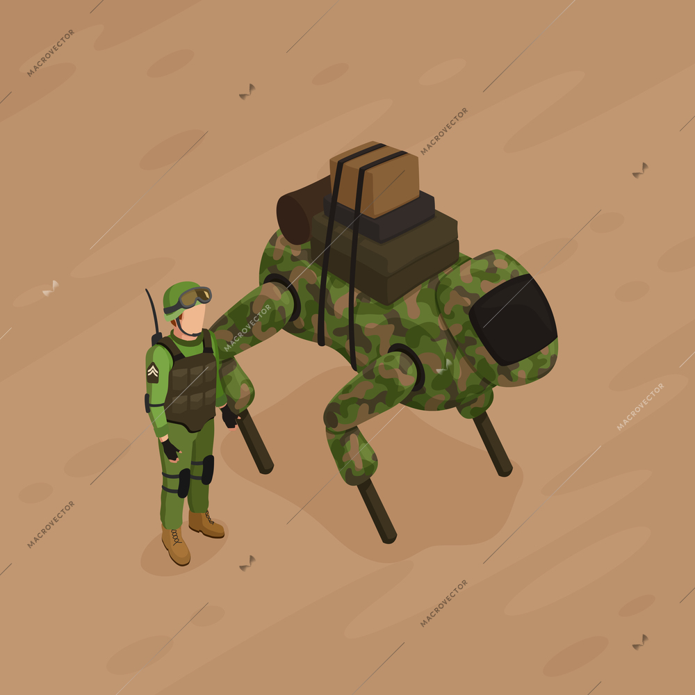 Robot soldier of khaki color with military freight and army fighter on sand background isometric vector illustration