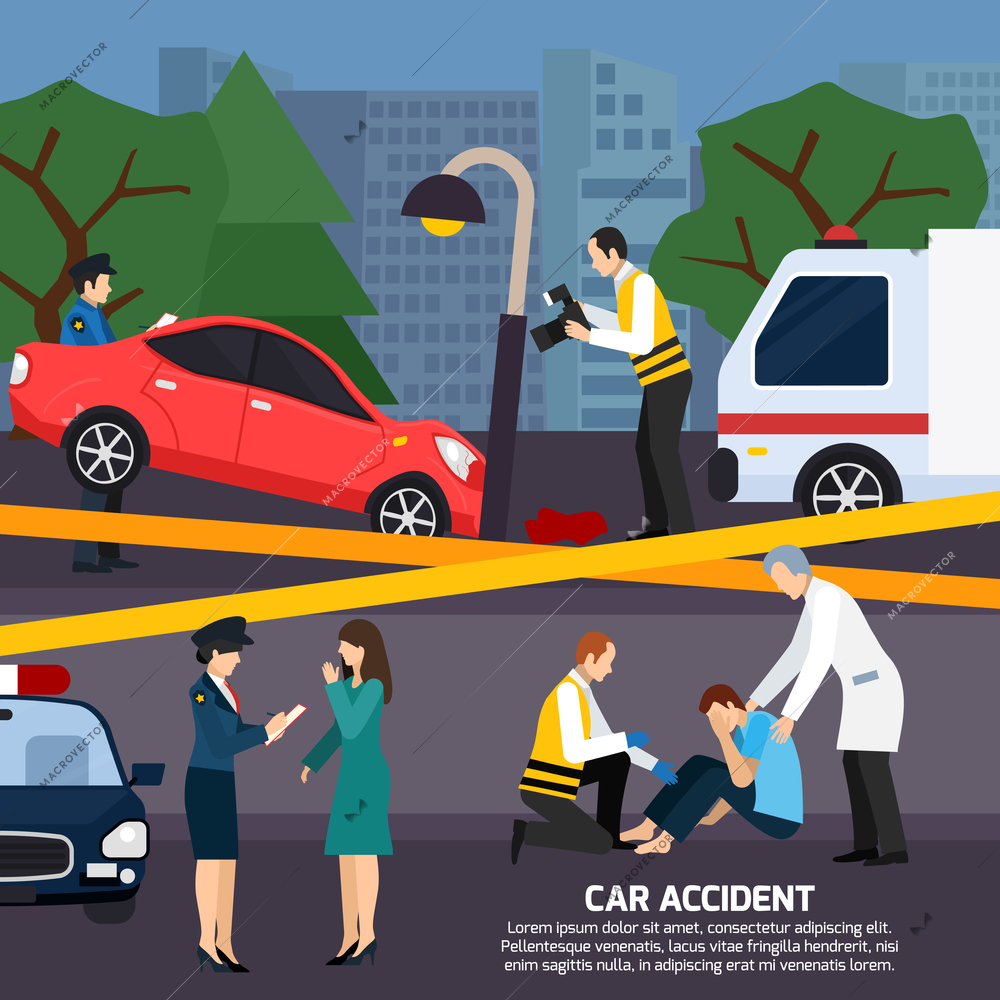 Car and street lamp accident with injured person ambulance road police  warning tape flat style vector illustration