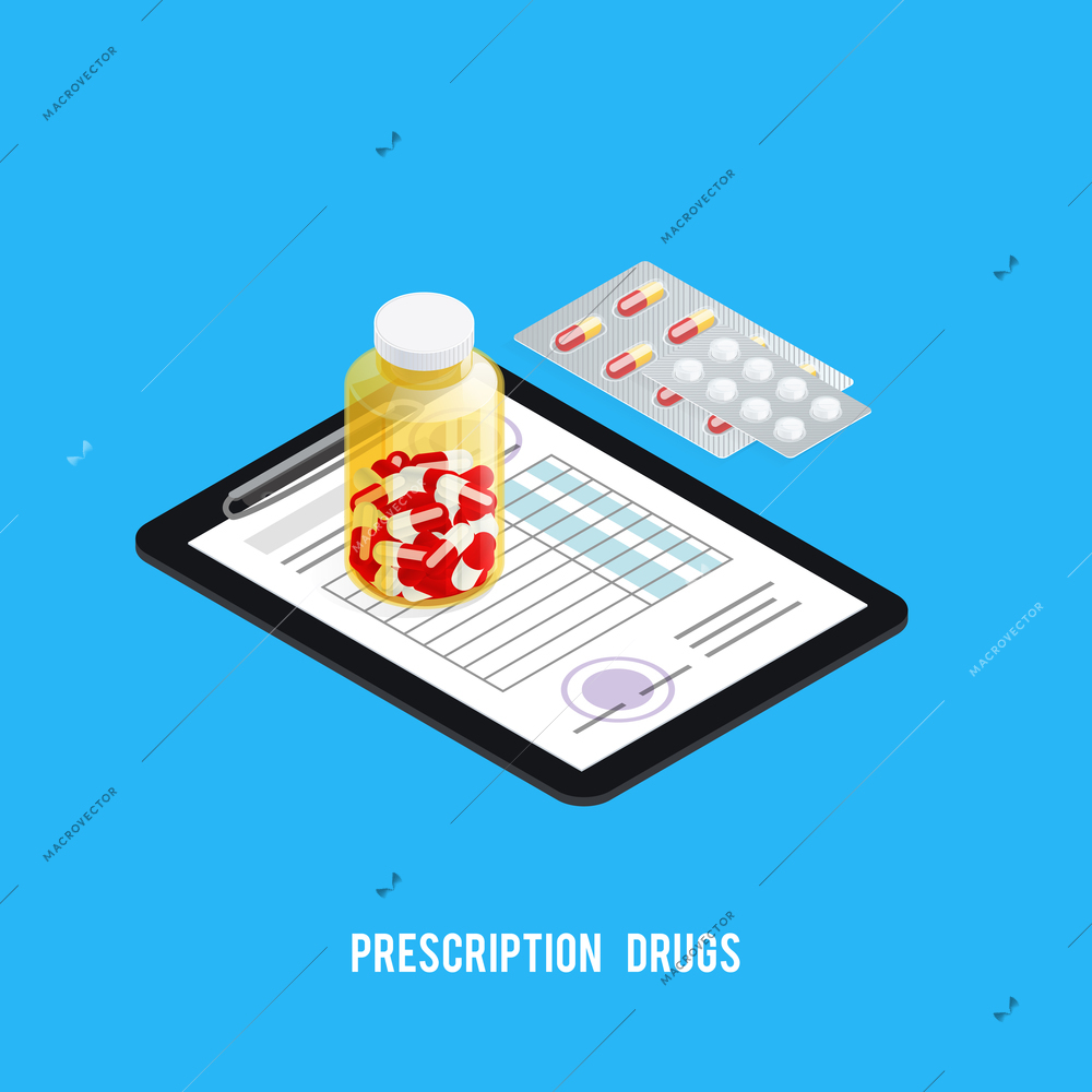 Pharmacy recipe composition with printed prescription drug order vial and blister pack of pills isometric images vector illustration