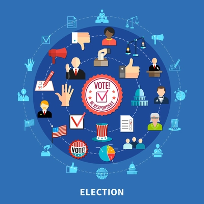 Election campaign circular set with isoleted icons on blue background flat vector illustration