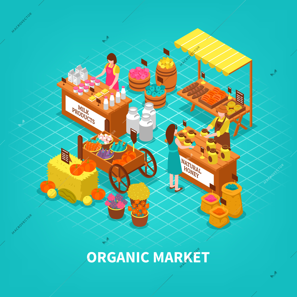 Market concept with fresh natural local growing organic products trade fair with people characters at counters vector illustration