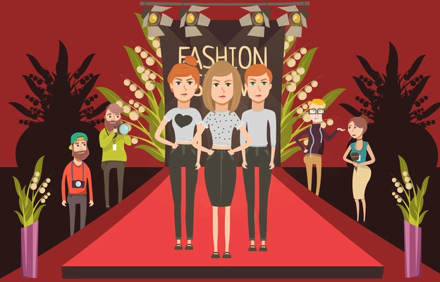 Catwalk fashion set flat composition with doodle female models and journalists photographer characters on red carpet vector illustration