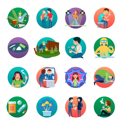 Narcotic round icons collection with circle compositions of drug production abuse marijuana growing smoking substance use vector illustration