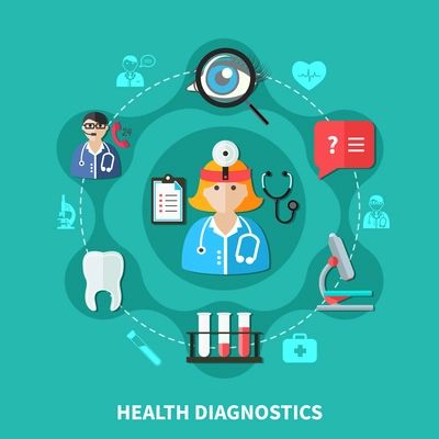 Health diagnostics flat round design with doctor laboratory ophthalmology and dentistry ambulance on green background vector illustration