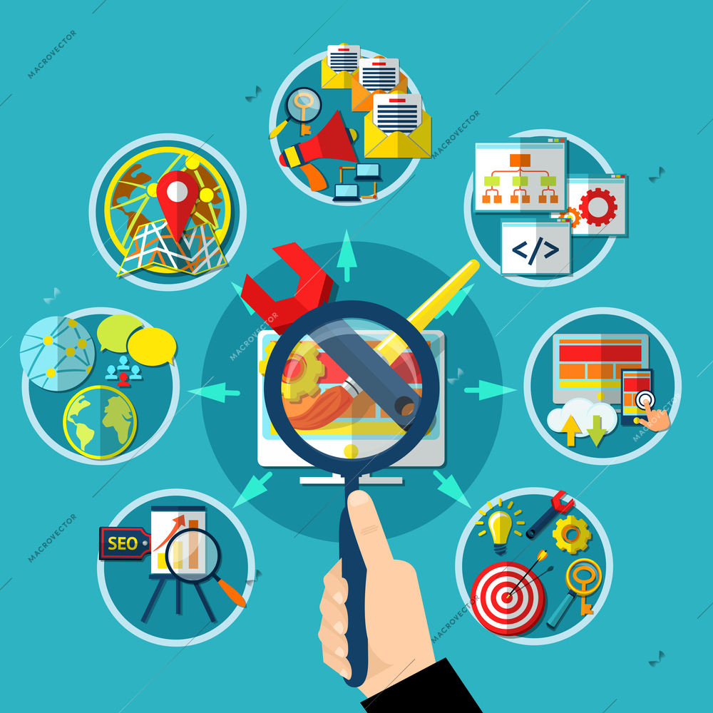 Search optimization conceptual background human hand with lens and flowchart with circle website development image compositions vector illustration