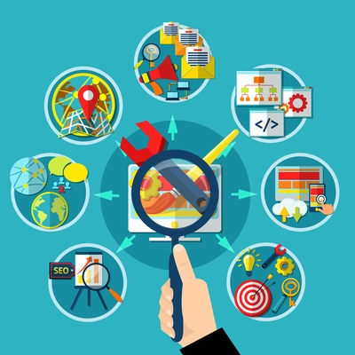 Search optimization conceptual background human hand with lens and flowchart with circle website development image compositions vector illustration