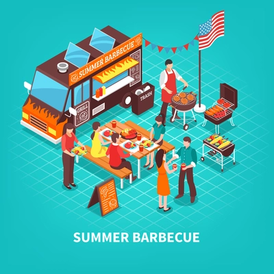 Car with summer barbecue chef near grill and people at table on turquoise background isometric vector illustration