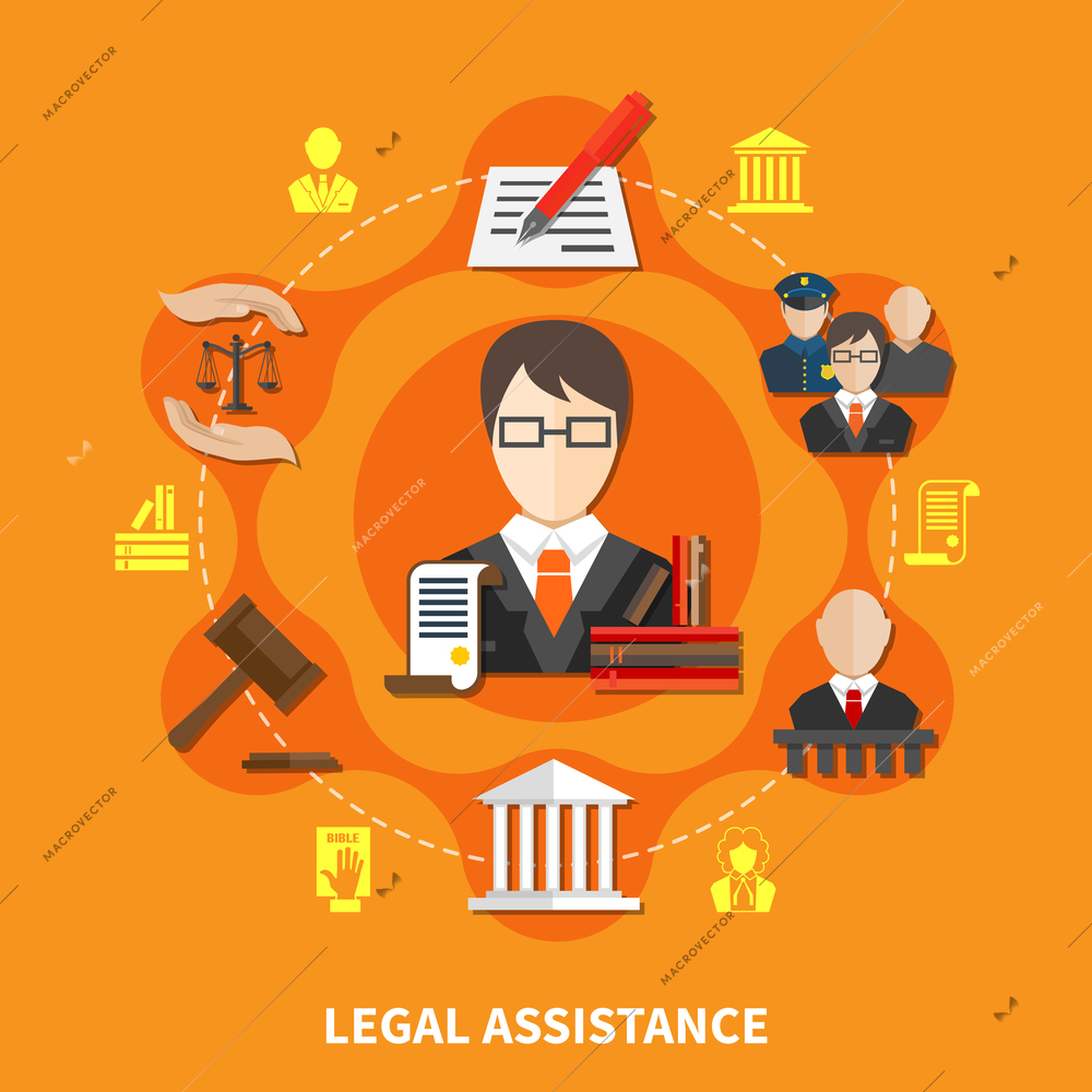 Law orange composition with advocate in court of law and legal justice headline vector illustration