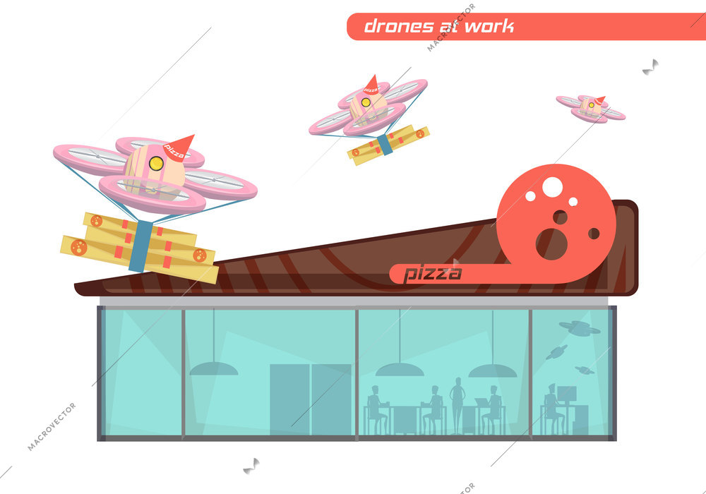 Flat design set of flying drones delivering pizza on white background vector illustration