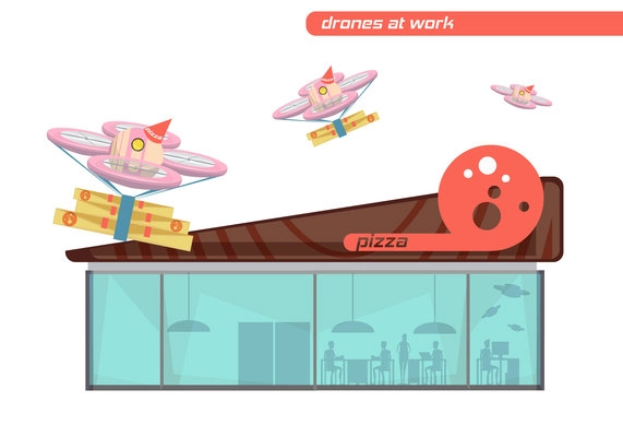 Flat design set of flying drones delivering pizza on white background vector illustration