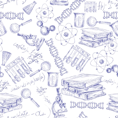 Science sketch seamless pattern with microscope flask atom dna structure vector illustration