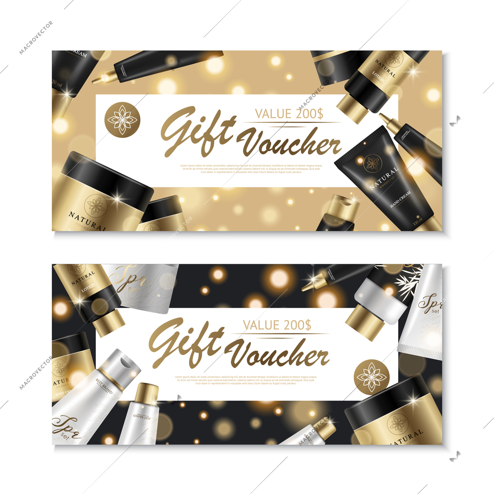 Two horizontal cosmetic vouchers set with gift card design beauty product images and luxury brand collection vector illustration