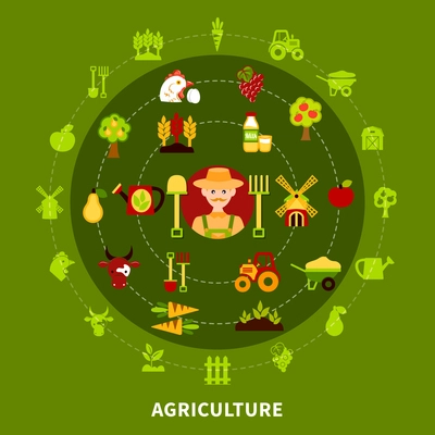 Agriculture background with circle composition of plants and animals silhouette pictograms with farming equipment colorful icons vector illustration