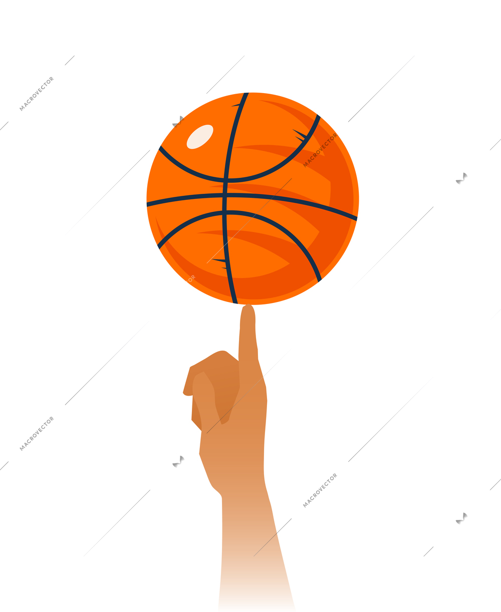 Basketball skills closeup including rotating ball with black lines on index finger on white background vector illustration