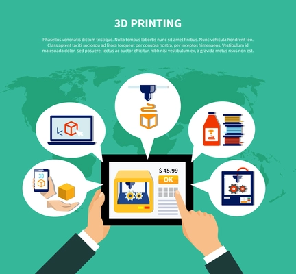 3d printing design concept illustrating human hands holding tablet with information about volumetric printer on screen flat vector illustration