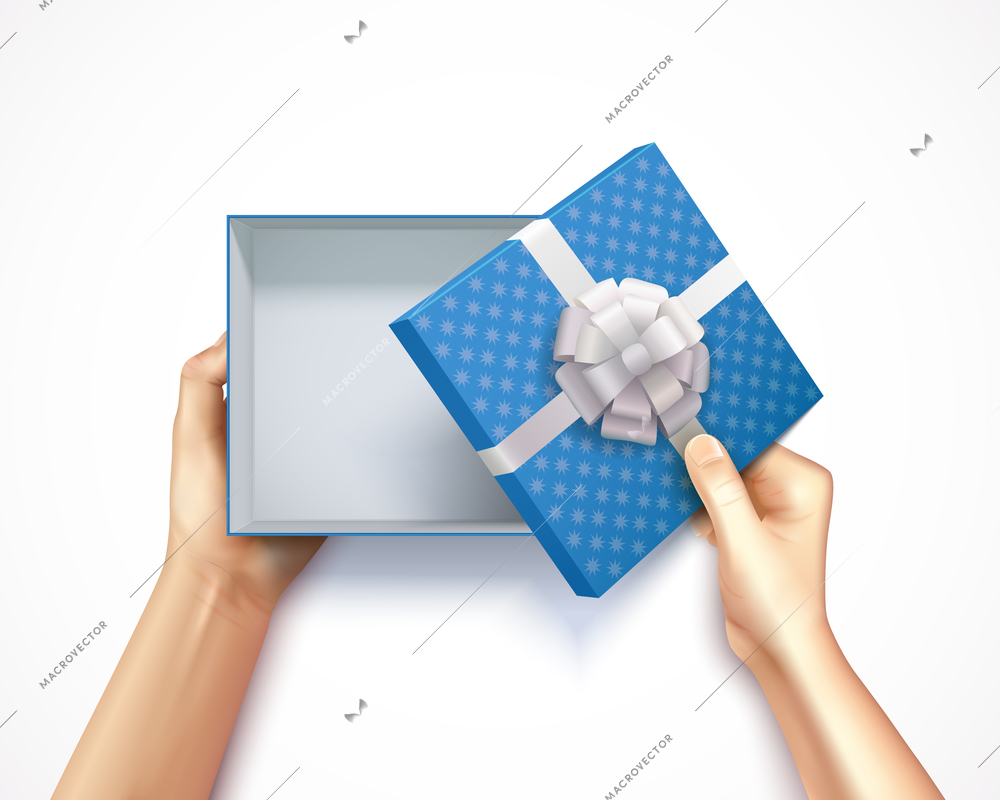 Human hands holding gift box top view realistic 3D square carton with blue polka dot pattern vector illustration