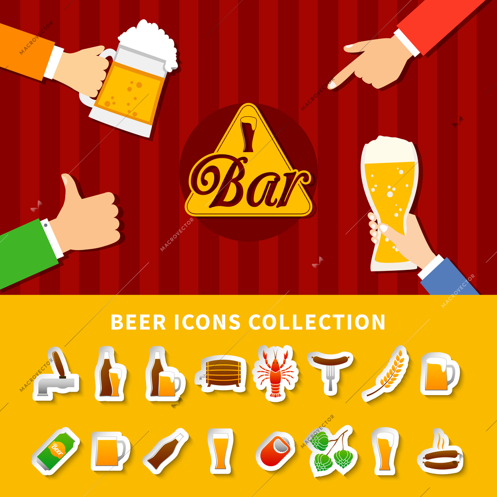 Flat beer icons collection set on yellow and red striped background with hands holding cups isolated vector illustration