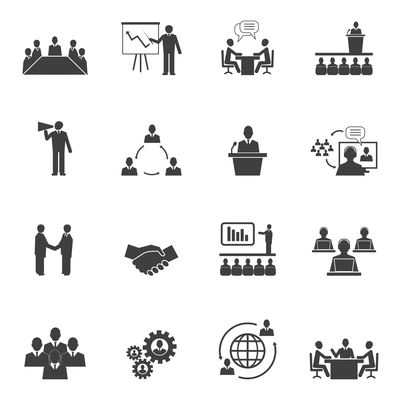 Business people online meeting strategic pictograms set of presentation online conference and teamwork isolated vector illustration