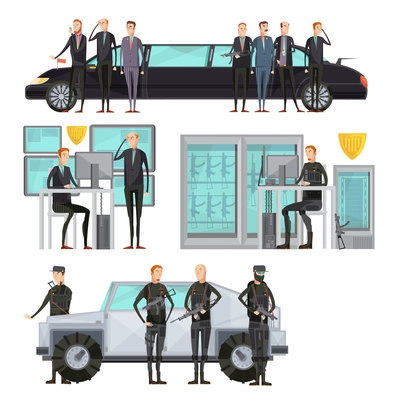 Intelligence agency colored flat composition with security and cars protection and scanning vector illustration