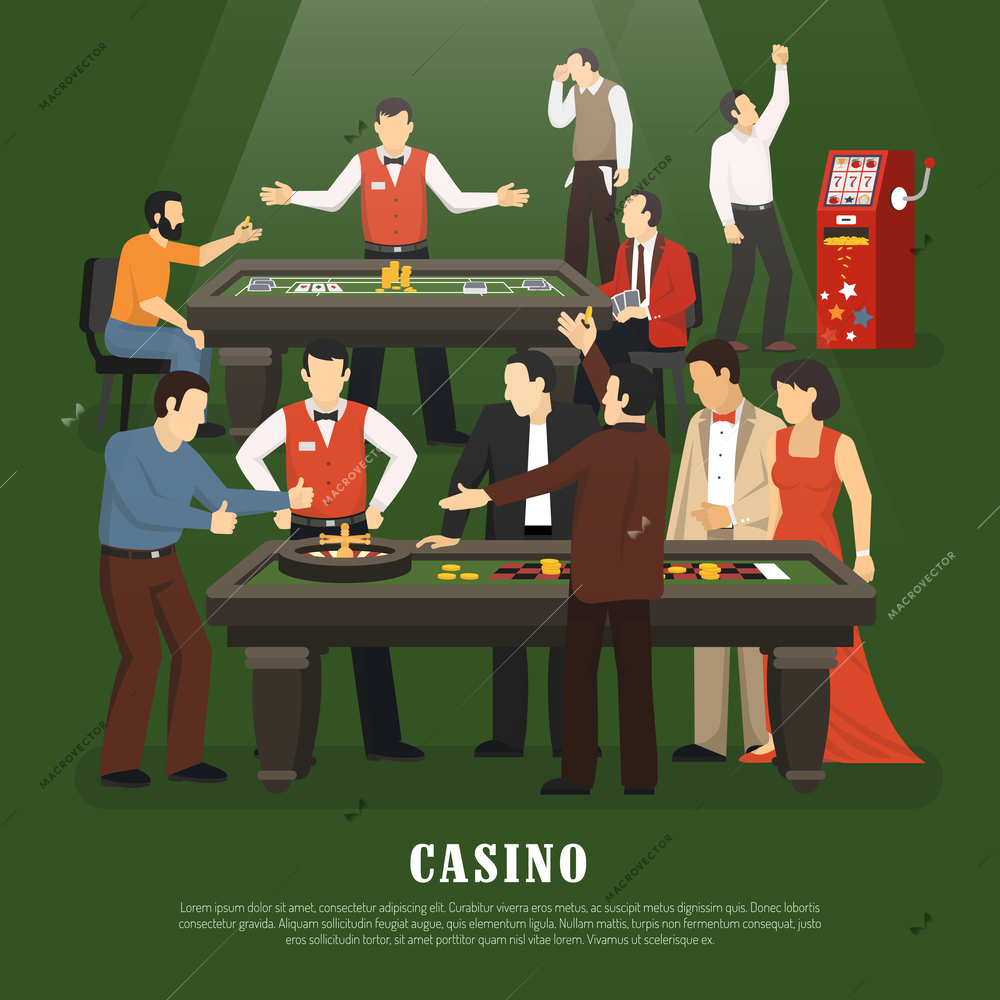 Casino concept with slot machine poker and roulette flat vector illustration