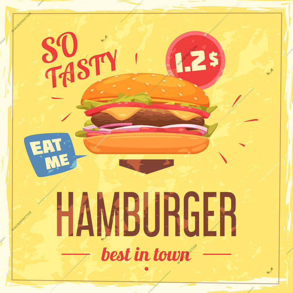 Best hamburger in town poster with price speech bubble and frame on textured yellow background vector illustration