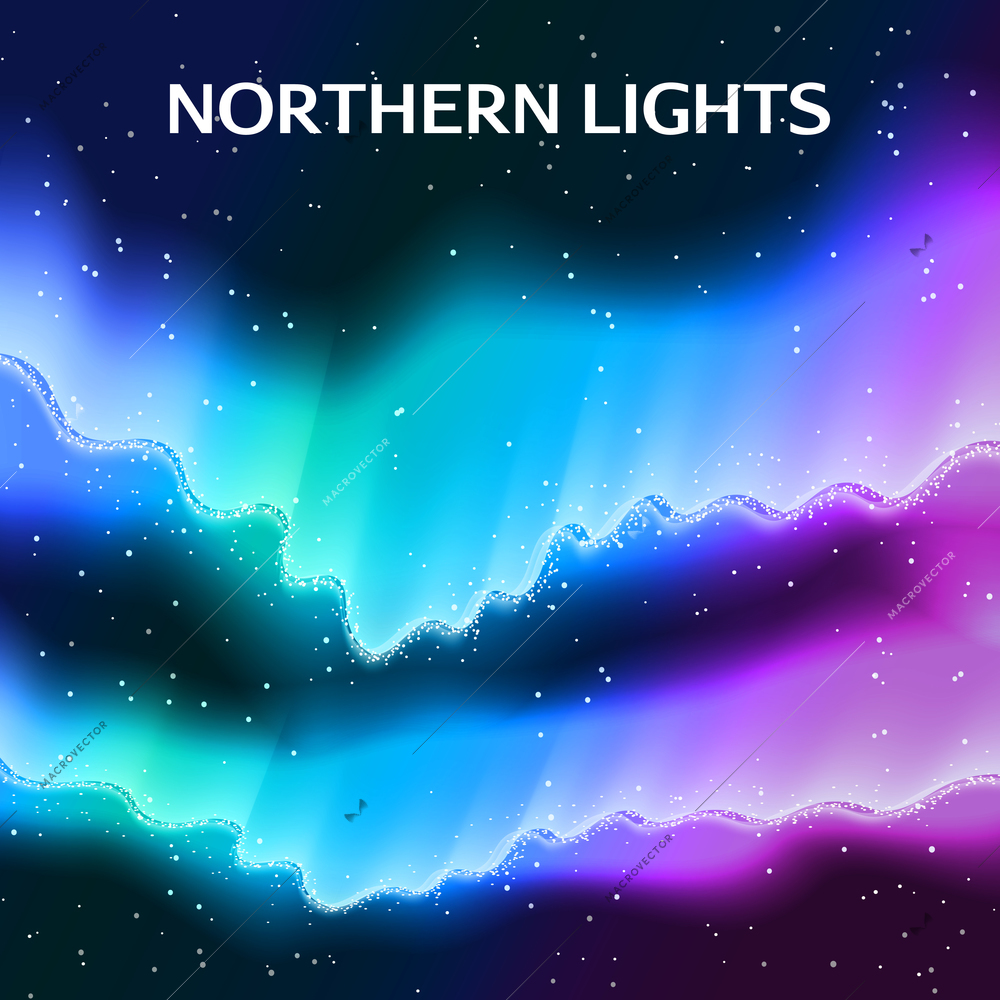 Northern lights abstract background composition of colorful polar lights and the starry arch with editable text vector illustration