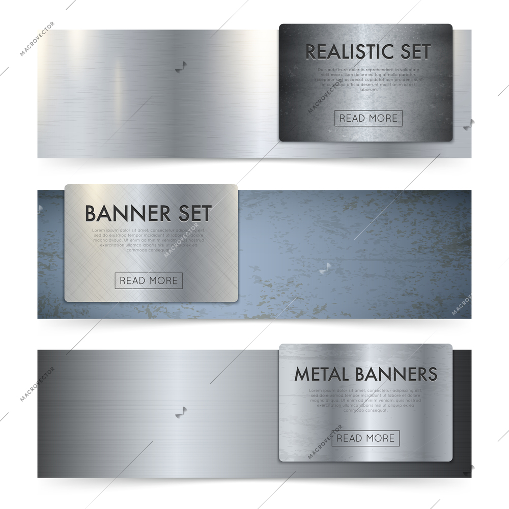 Realistic metal texture sheets and coils horizontal banners set with plain mill finish polished surface vector illustration