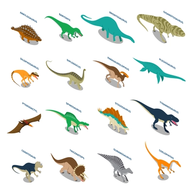 Dinosaurs set of isometric icons with carnivores and herbivores including tyrannosaurus pterodactyl brontosaurus triceratops isolated vector illustration