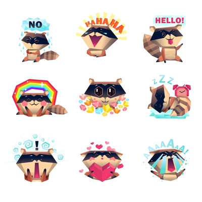 Emotions of raccoon set with laugh sadness fear love anger happiness sleep cartoon style isolated vector illustration