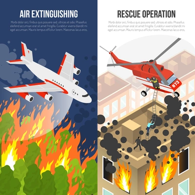 Fire department vertical banners with air extinguishing and rescue operation from burning building isolated vector illustration