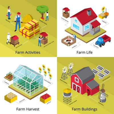 Farming life concept 4 isometric icons square with greenhouse crop harvesting equipment farmhouse facilities isolated vector illustration