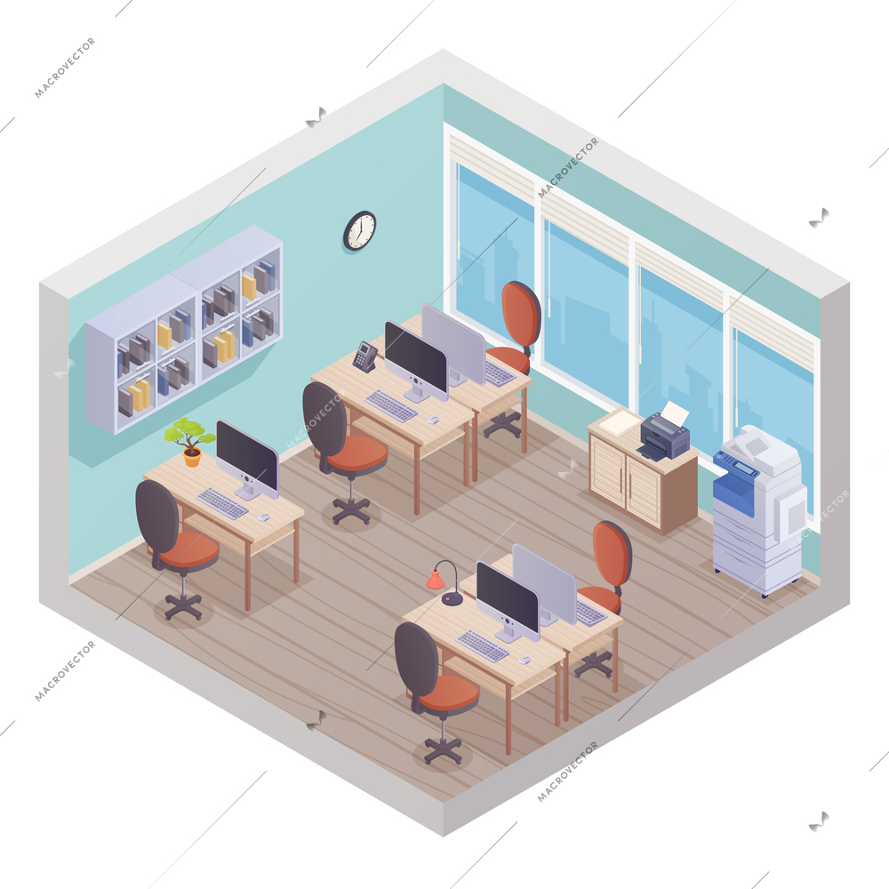 Isometric office interior composed from staff workplaces with desk chair computer and printer in corner vector illustration