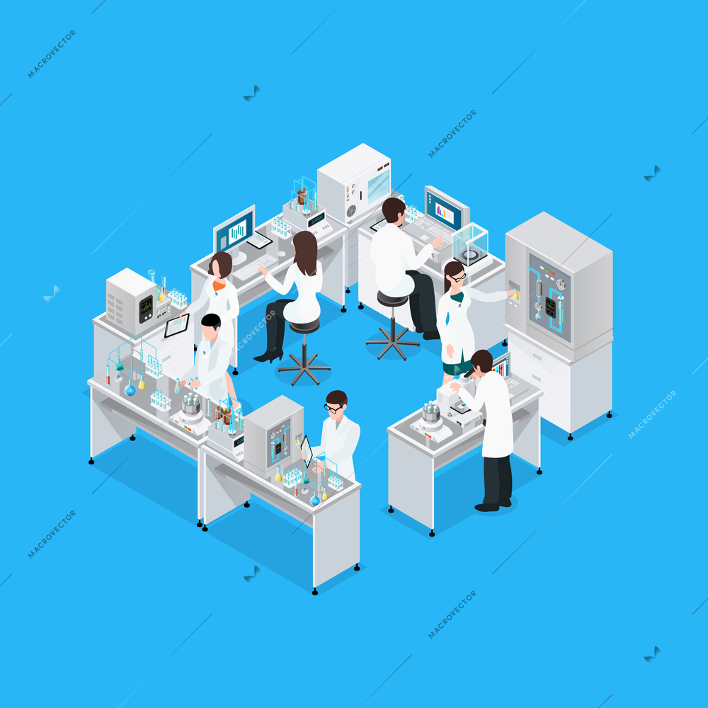 Laboratory isometric composition with workbench research equipment and group of working faceless scientist characters in uniform vector illustration