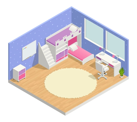 Children room isometric composition with bed desk and blackboard vector illustration