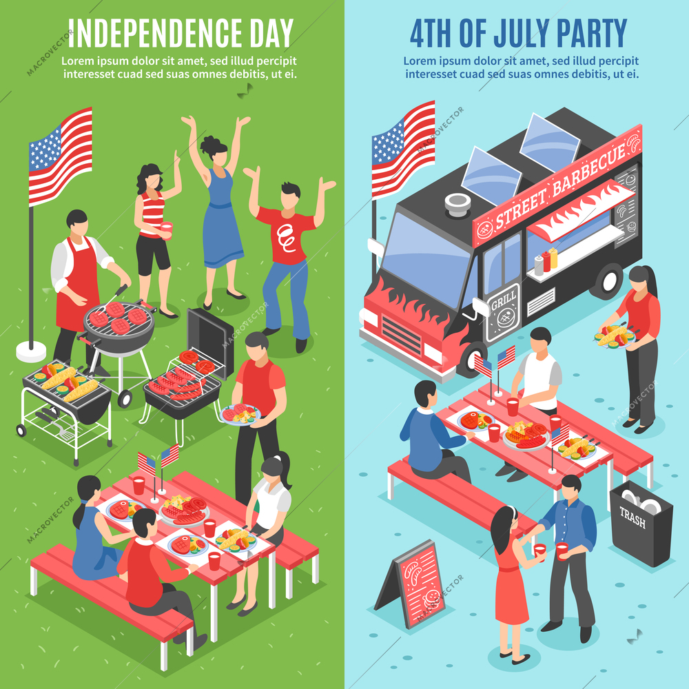 Two vertical barbecue 4 july banner set with independence day and 4th of july party descriptions vector illustration