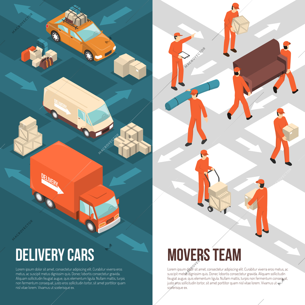 Colored and isometric delivery moving vertical banner set with delivery cars and movers team descriptions vector illustration