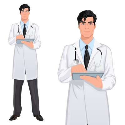 Medical professional handsome young doctor assistant standing in white lab coat with touch screen tablet PC vector illustration