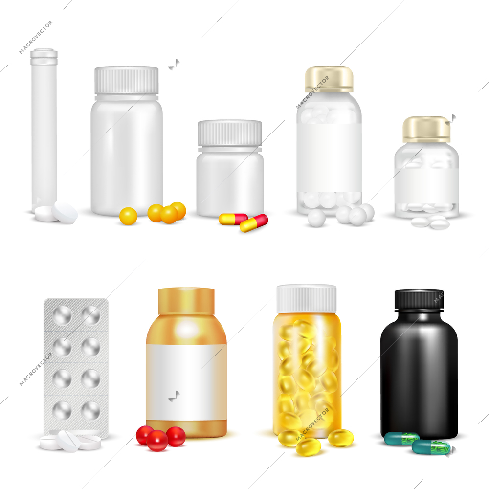 3D set of vitamins in pills and capsules in plastic containers and blister packaging isolated vector illustration