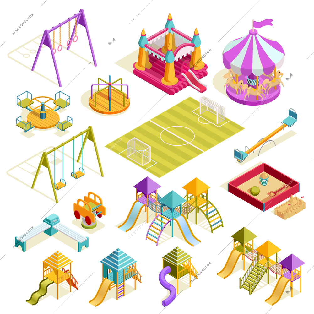 Playground isometric collection with carousels bench sandbox roller swing soccer field and slides isolated vector illustration