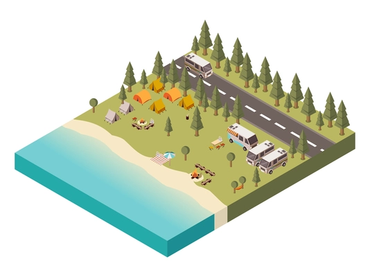 Campsite near lake with umbrella on beach bonfire and tourist gear transport and road isometric vector illustration