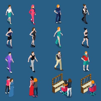 Fashion models isometric set with walking people in various clothing on blue background isolated vector illustration