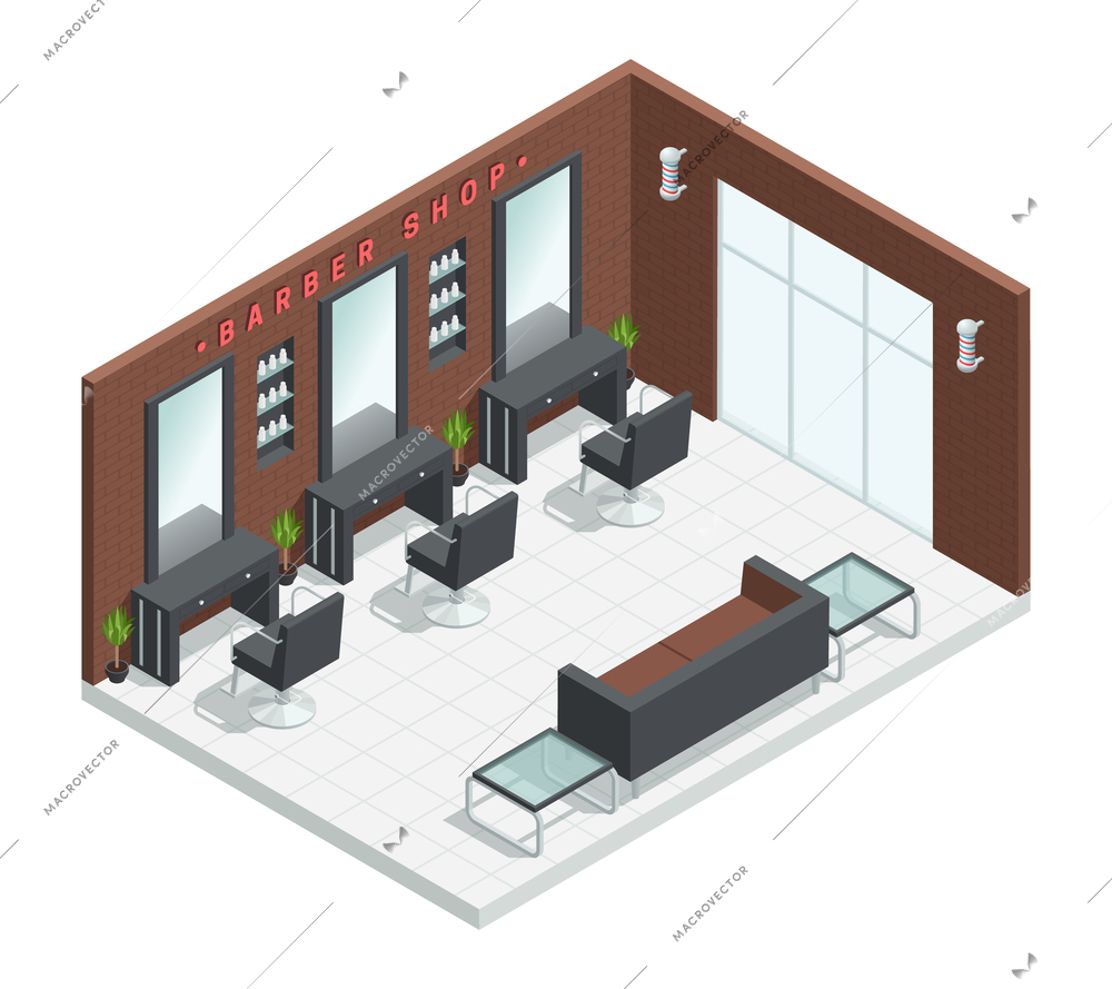 Barber shop salon isometric interior with studio room composition mirrors with tables chairs and wall lamps vector illustration