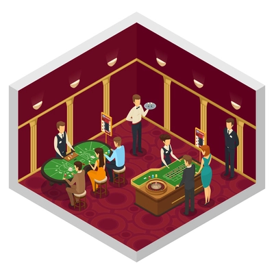 Colored casino isometric interior with green tables game of dice casino employees vector illustration