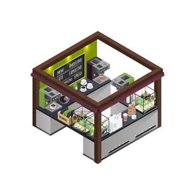 Coffee stall outdoor concession stand isometric composition with different coffee varieties menu coffee machine and sweet cakes vector illustration