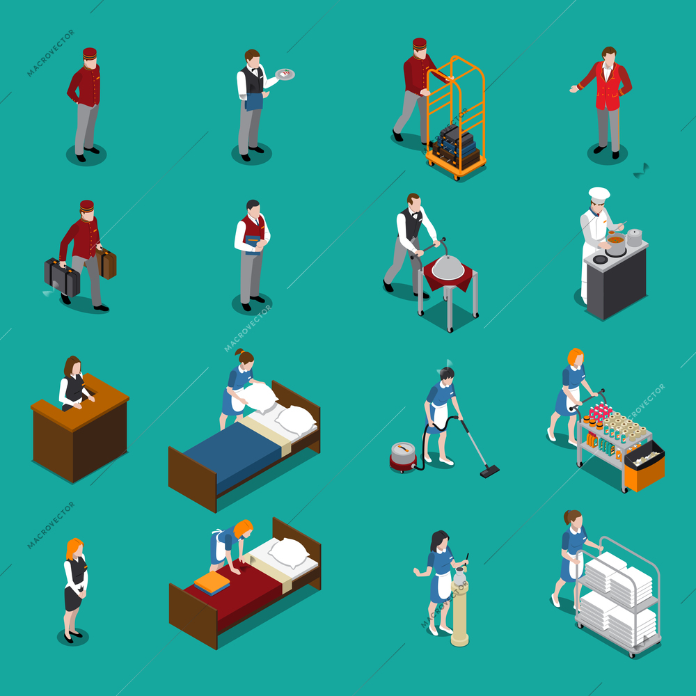 Hotel staff isometric set including administrator maid waiter porter chef bellboy on green background isolated vector illustration