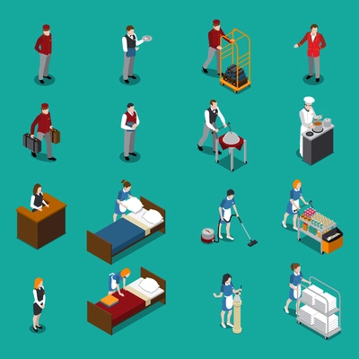 Hotel staff isometric set including administrator maid waiter porter chef bellboy on green background isolated vector illustration